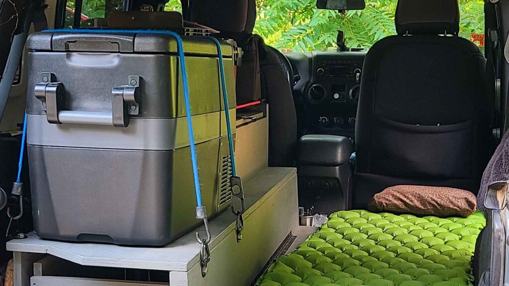 Picture of Jeep Wrangler Bed Platform with drawer and an RV Cooler