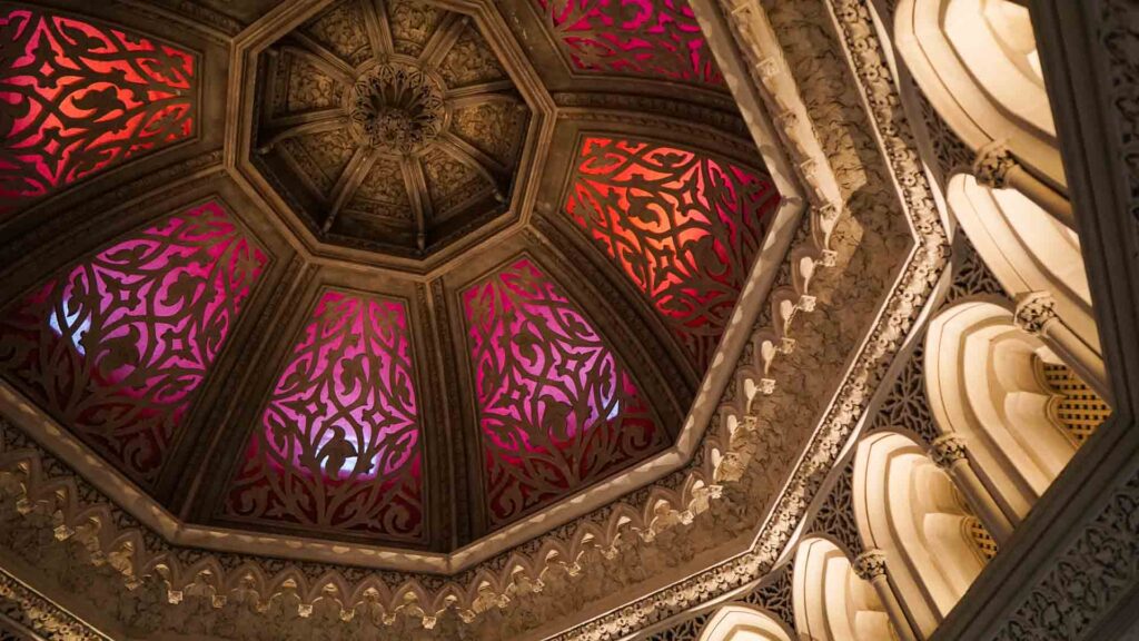 Photo of the ornate central ceiling in Monserrate Palace in Sintra Portugal