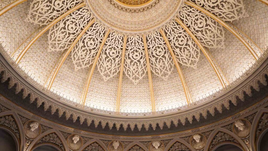 Photo of the ornate Romanticism ceiling and Busts in Monserrate Palace in Sintra Portugal