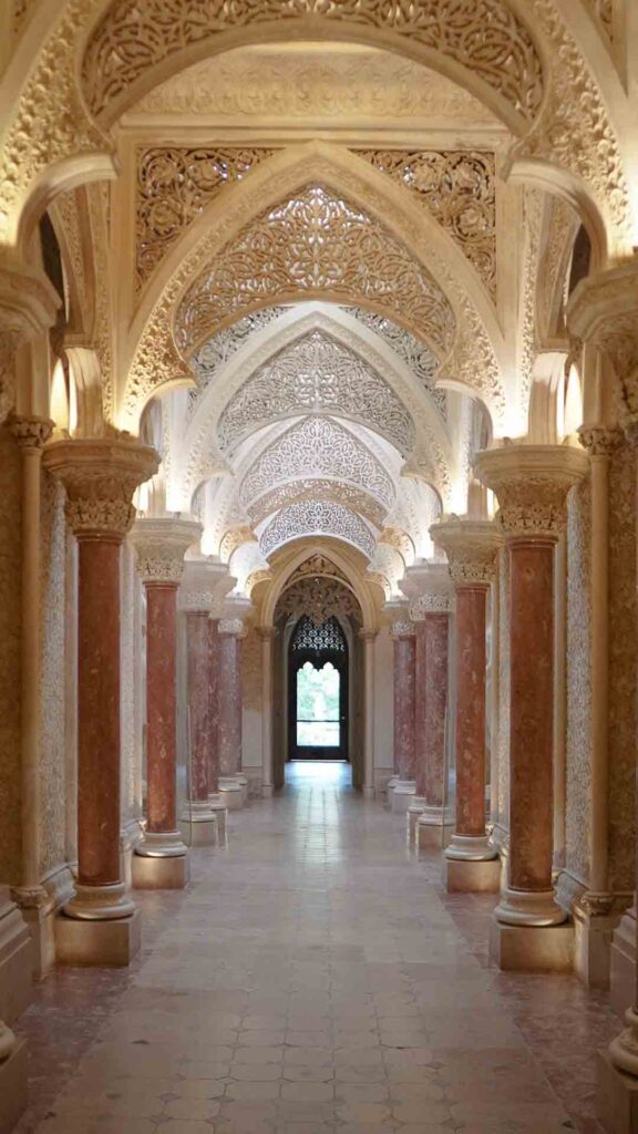 Photo of the ornate Romanticism hallways in Monserrate Palace in Sintra Portugal