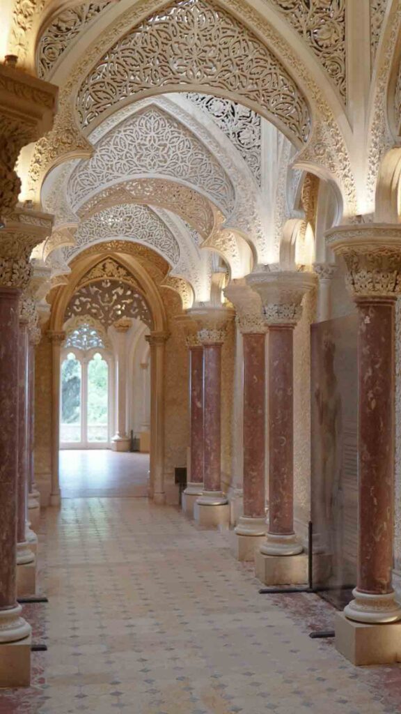 Photo of the ornate Romanticism hallways in Monserrate Palace in Sintra Portugal