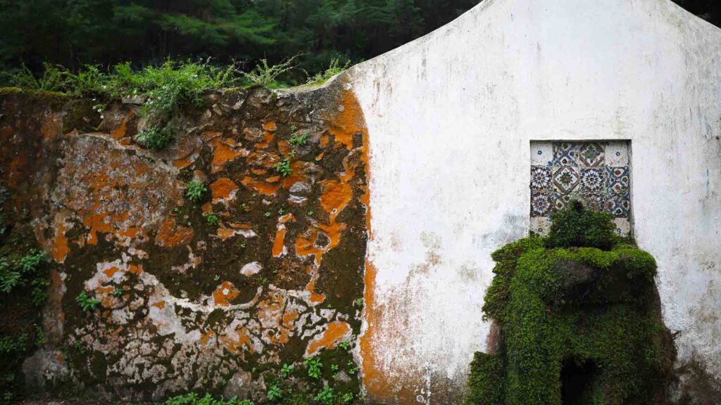 Colorful wall in Pena Palace Gardens Sintra Portugal