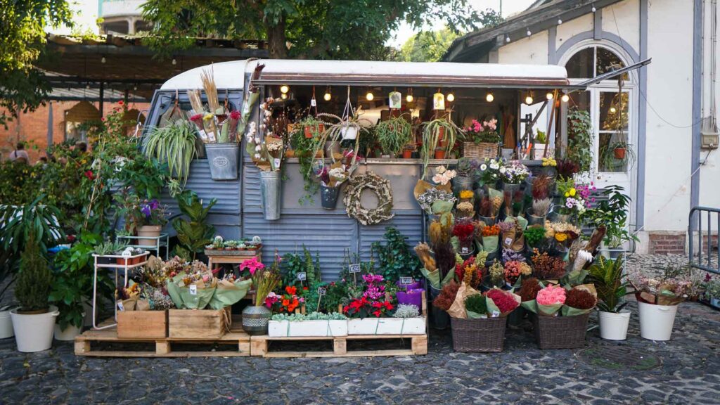 The Lisbon LX Factory outdoor walking space, flower kiosk