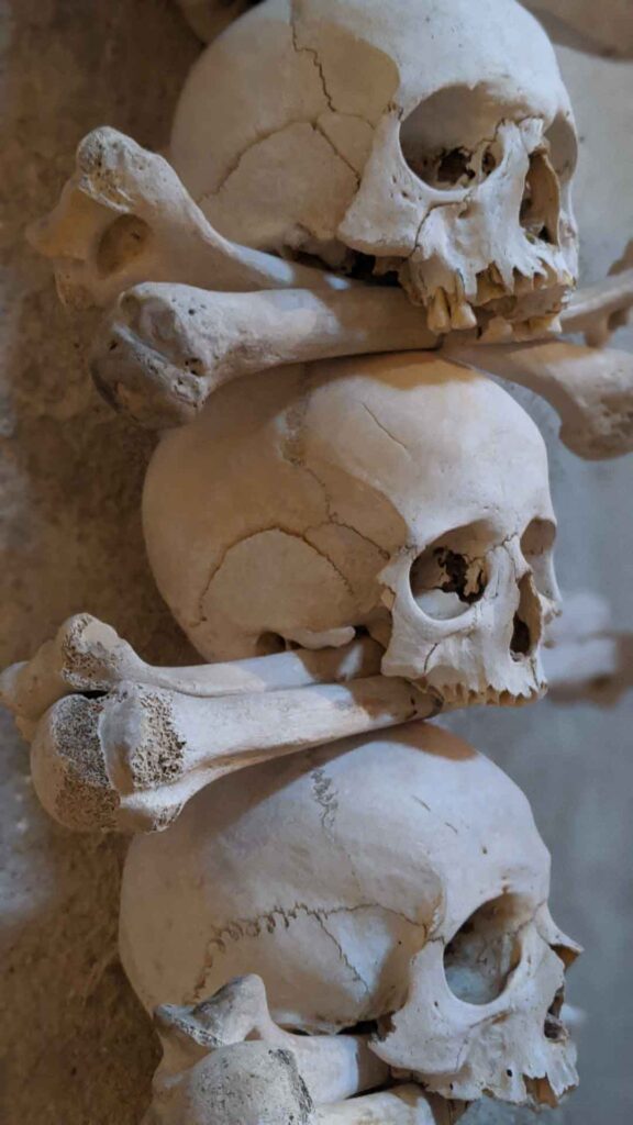 detailed photo of skulls and bones at the Bone Church in Kutna Hora