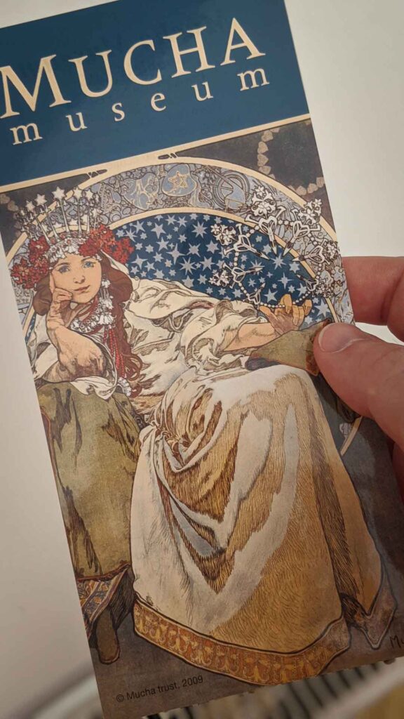 Photo of ticket to Alphonse Mucha Museum in Prague