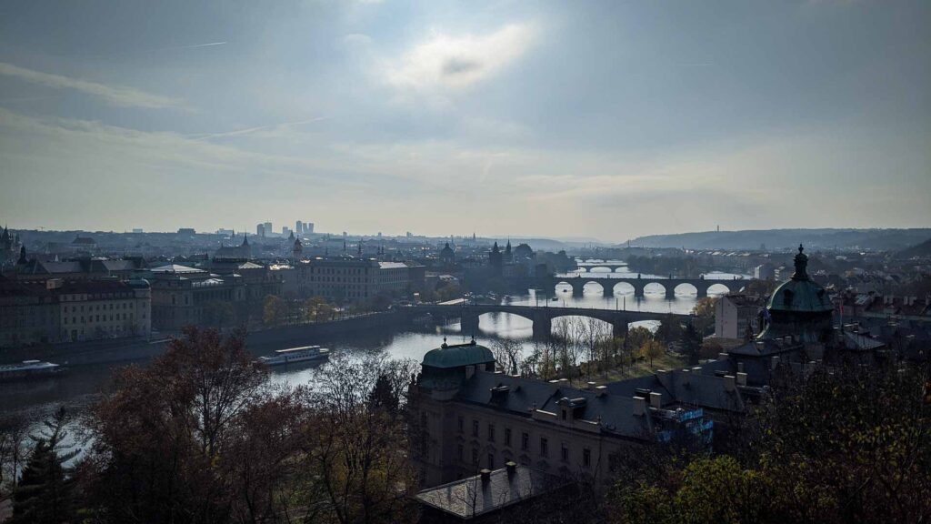 View of the Vltava River overlooking the famous bridges in Prague