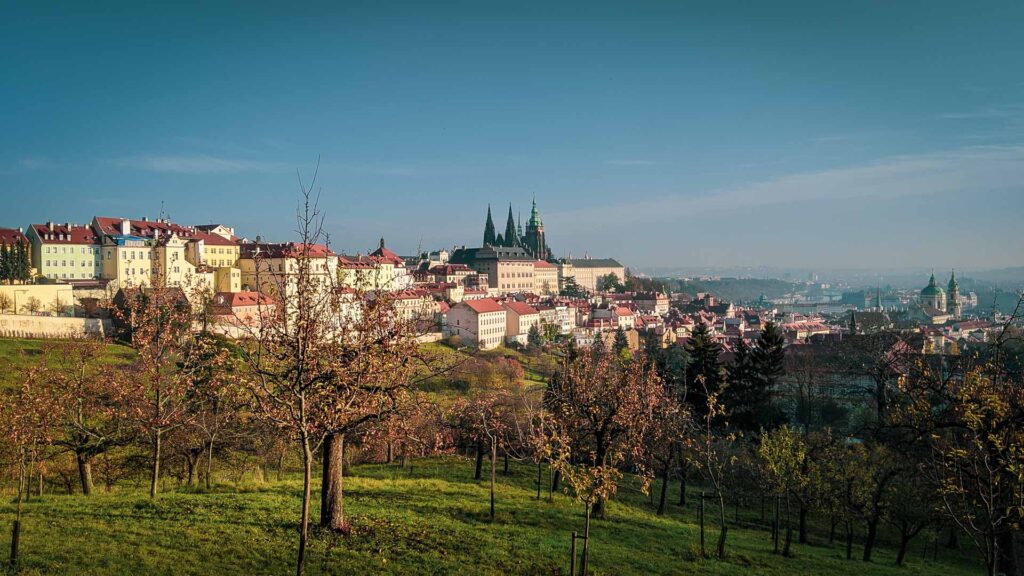 Prague Castle in the distance in Prague, the city of a hundred spires