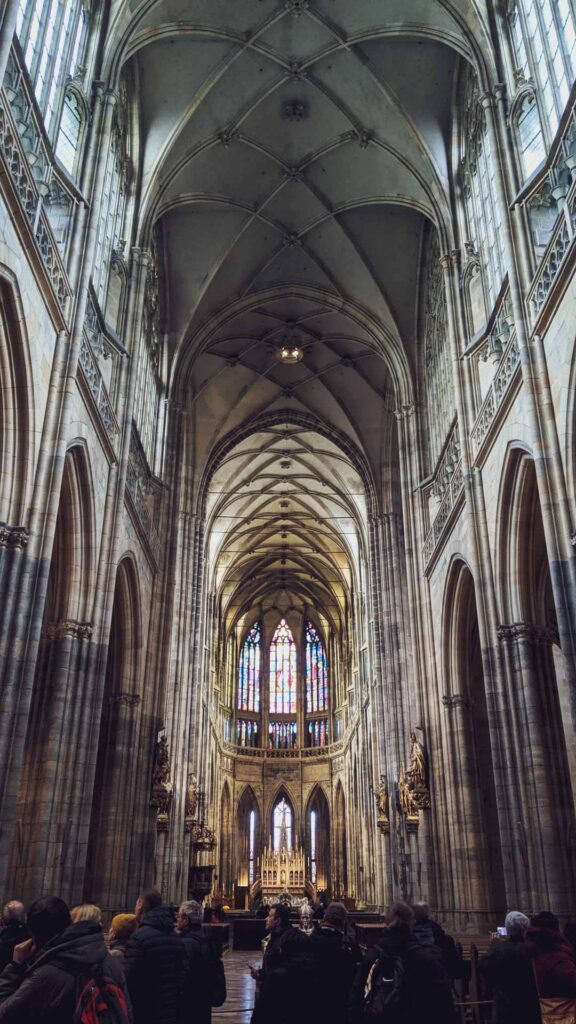 A long view of the interior of St. Vitus Cathedral in Prague