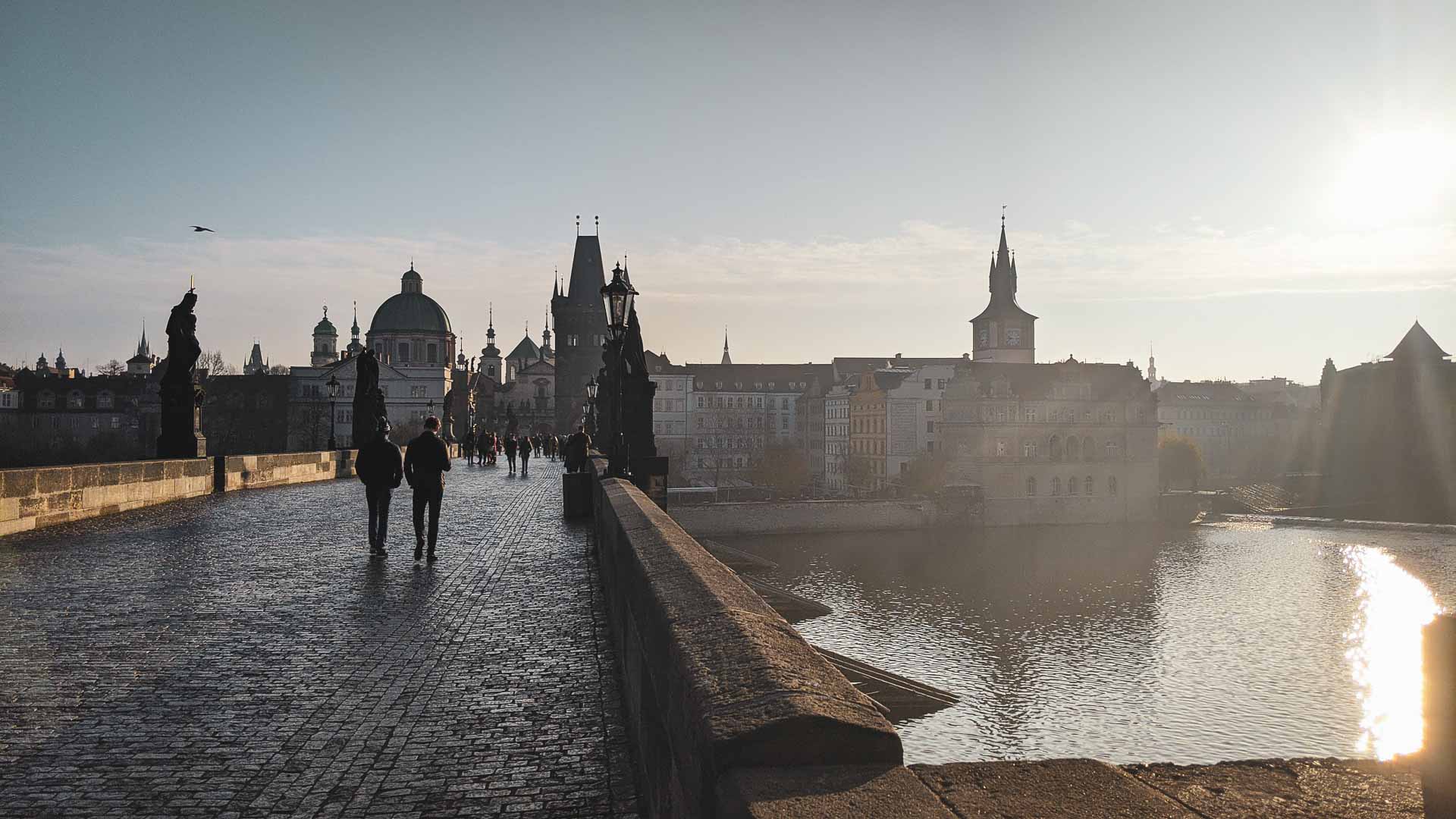 Morning walk on Charles Bridge in Prague