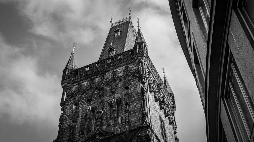 Black and White photo of the Powder Tower in Prague