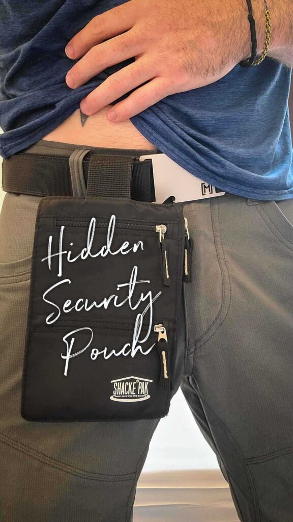 Theft deterrent travel pouch / wallet hides inside shorts or pants