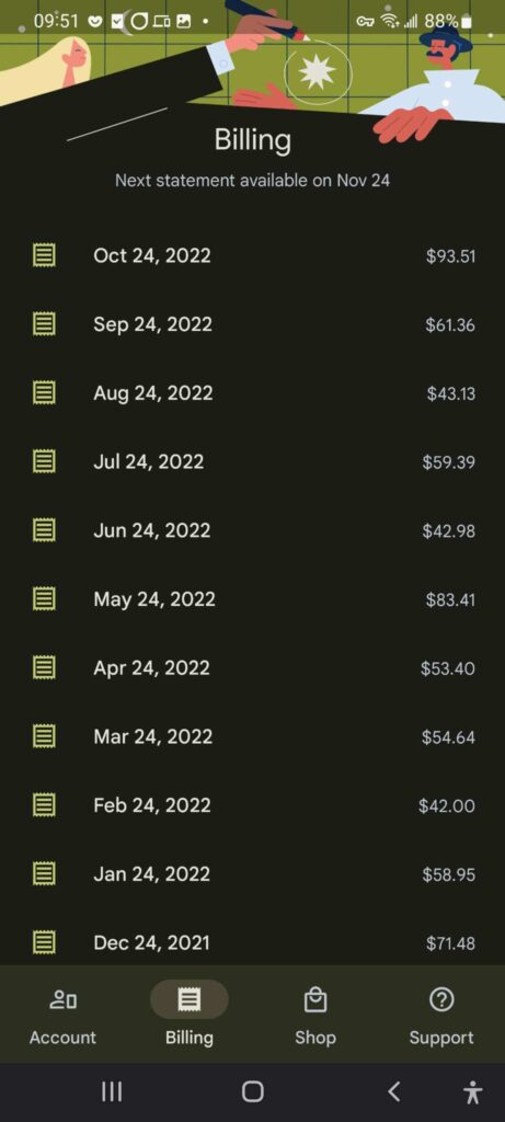 Google Fi billing screen