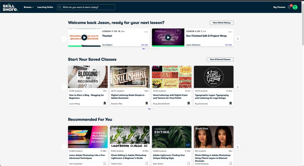 Screenshot of Skillshare dashboard