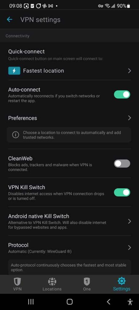 Surfshark VPN mobile preferences screen showing the "Kill Switch" preference