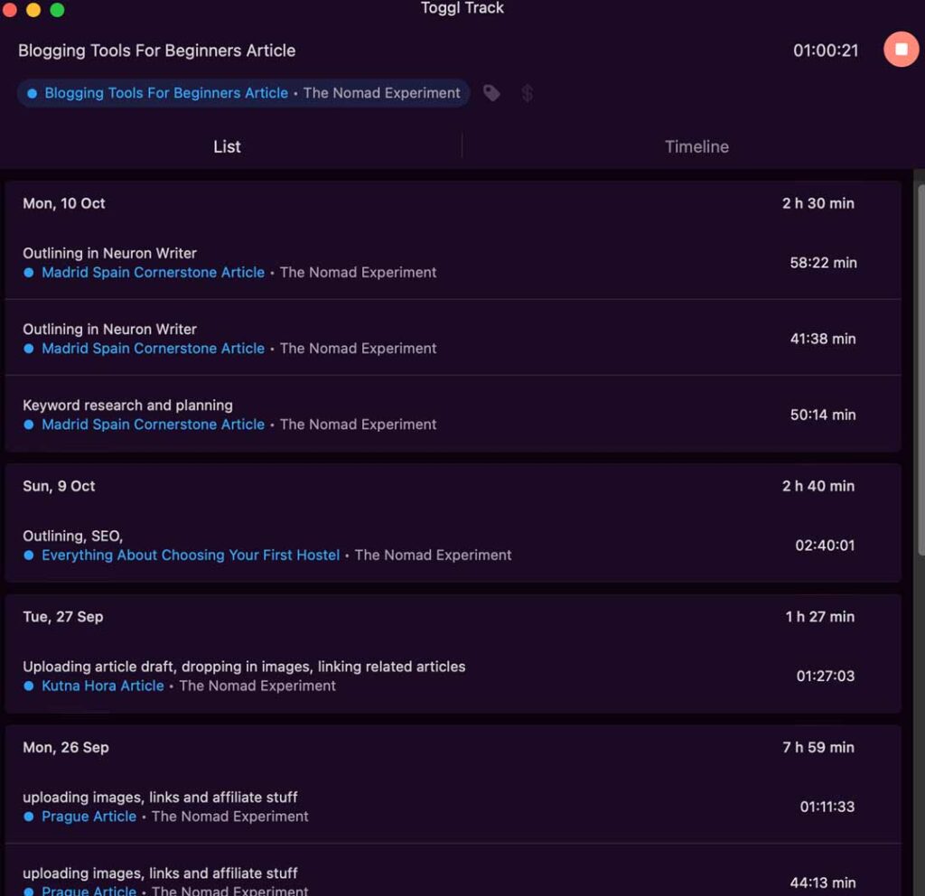 Toggle Track dashboard image showing time tracking