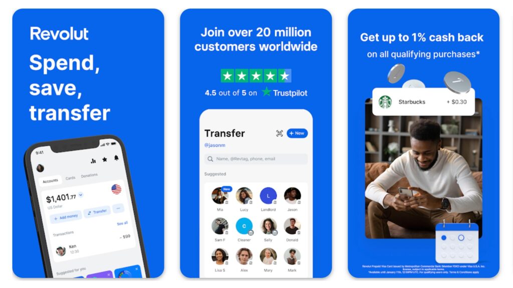 three phone screenshots of the Revolut financial app