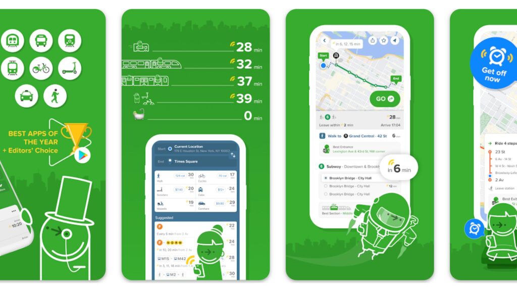 four phone screenshots of the citymapper app