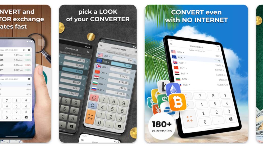 three phone screenshots of the Currency Plus app