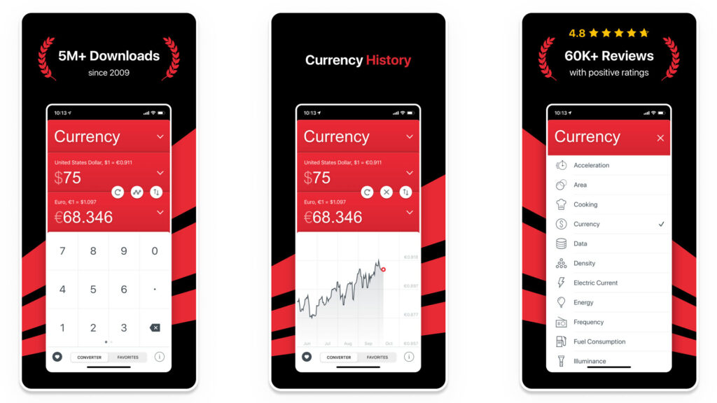 three phone screenshots of the globe currency app