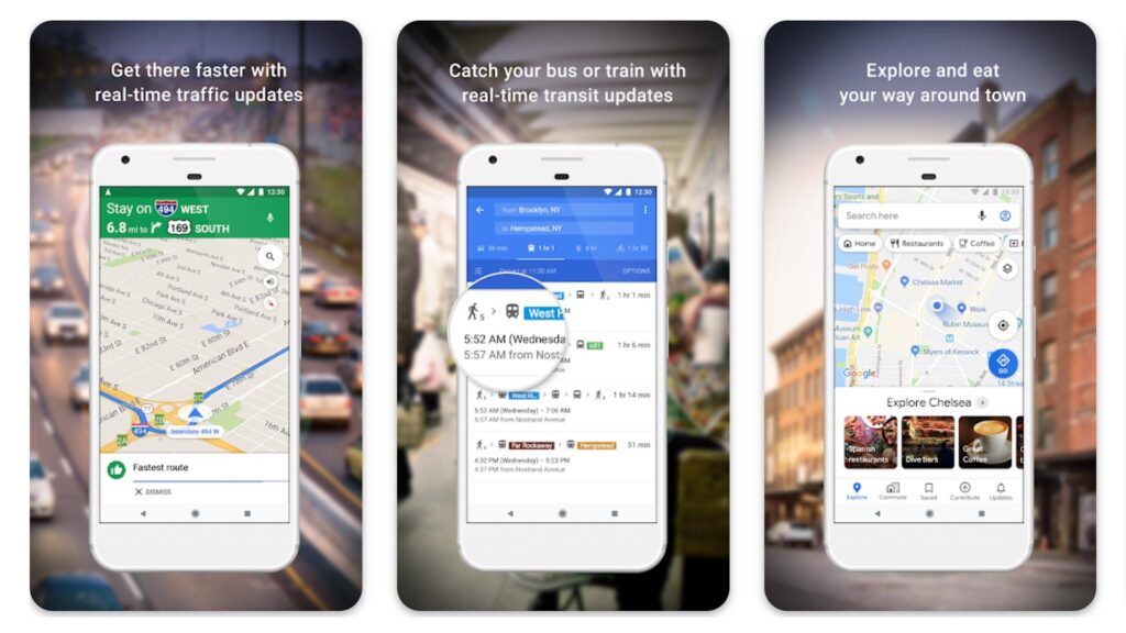 three phone screenshots of the Google Maps app