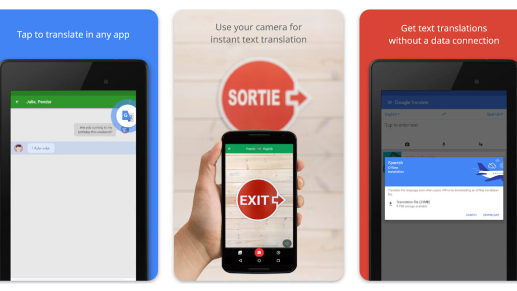 three phone screenshots of the Google Translate app