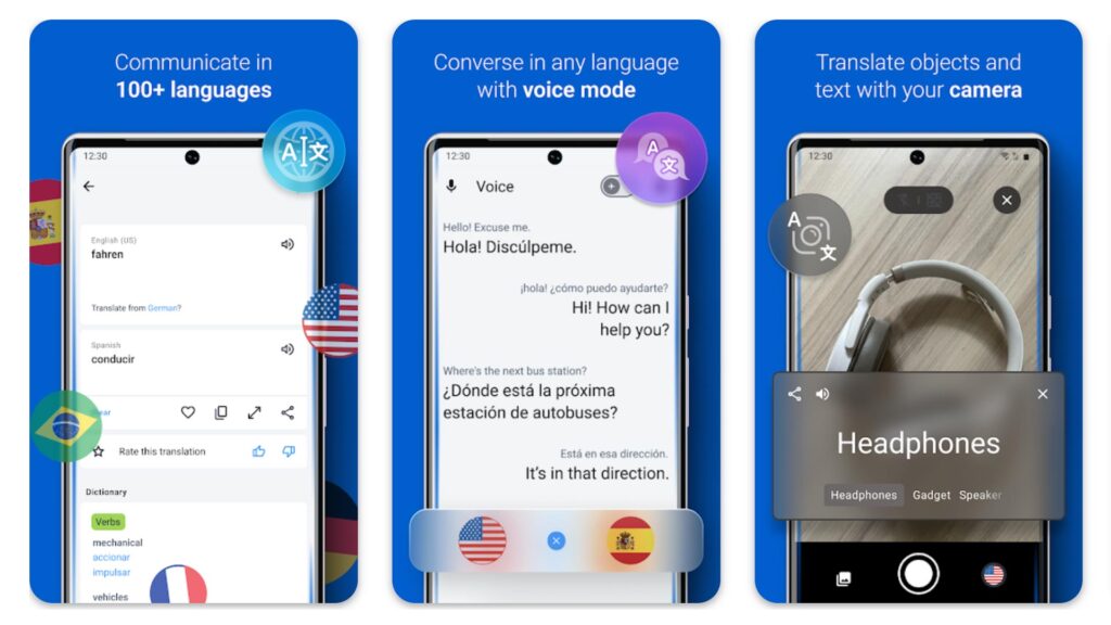 three phone screenshots of the iTranslate translation app