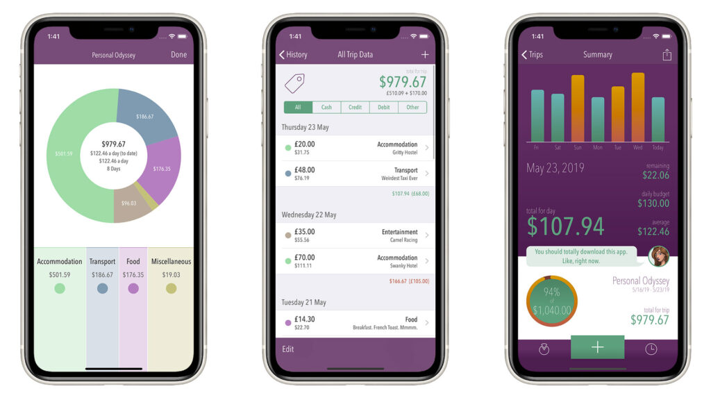 three phone screenshots of the Trail Wallet app