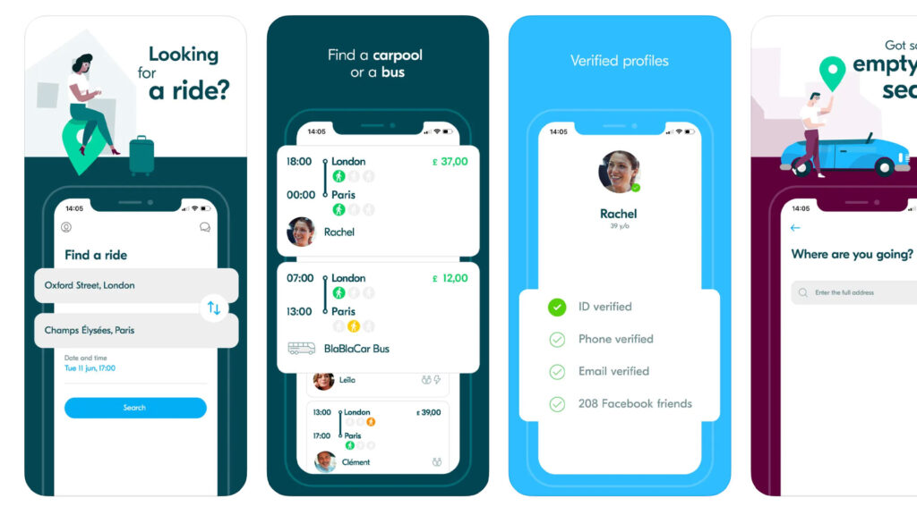four phone screenshots of the BlaBlaCar app