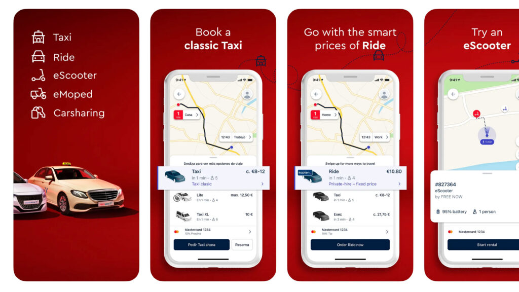 four phone screenshots of the FreeNow app
