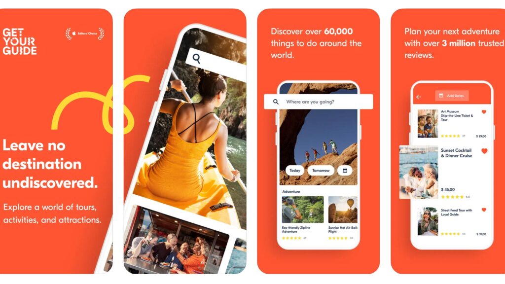 three phone screenshots of the Get Your Guide app