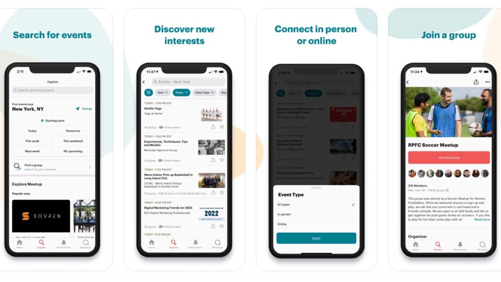 four phone screenshots of the Meetup app