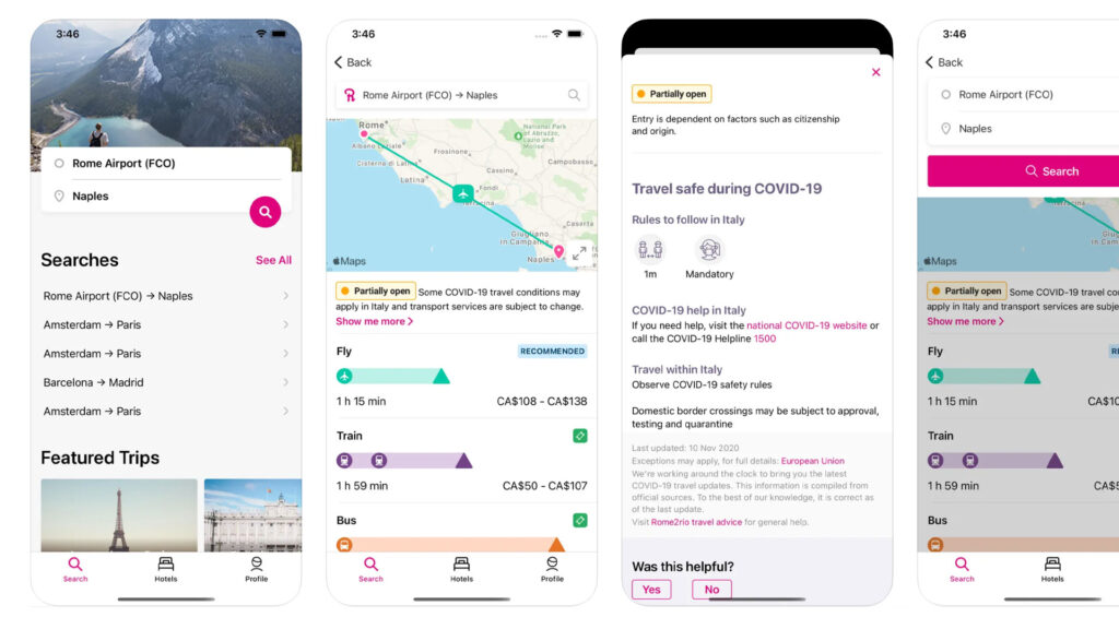 four phone screenshots of the Rome2Rio app
