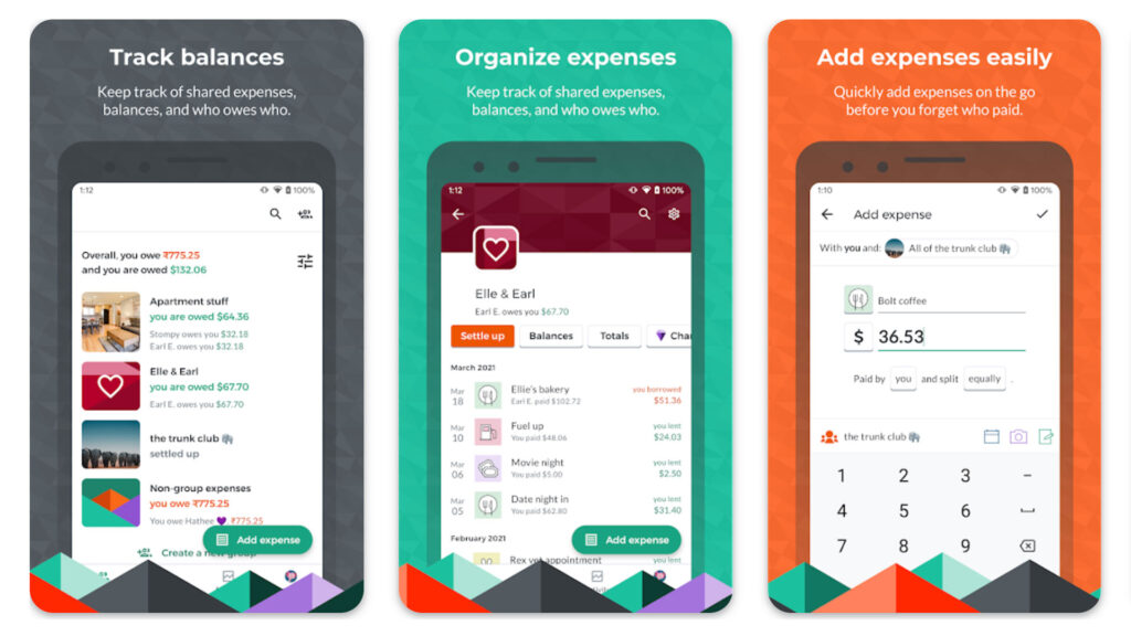 three phone screenshots of the Splitwise app