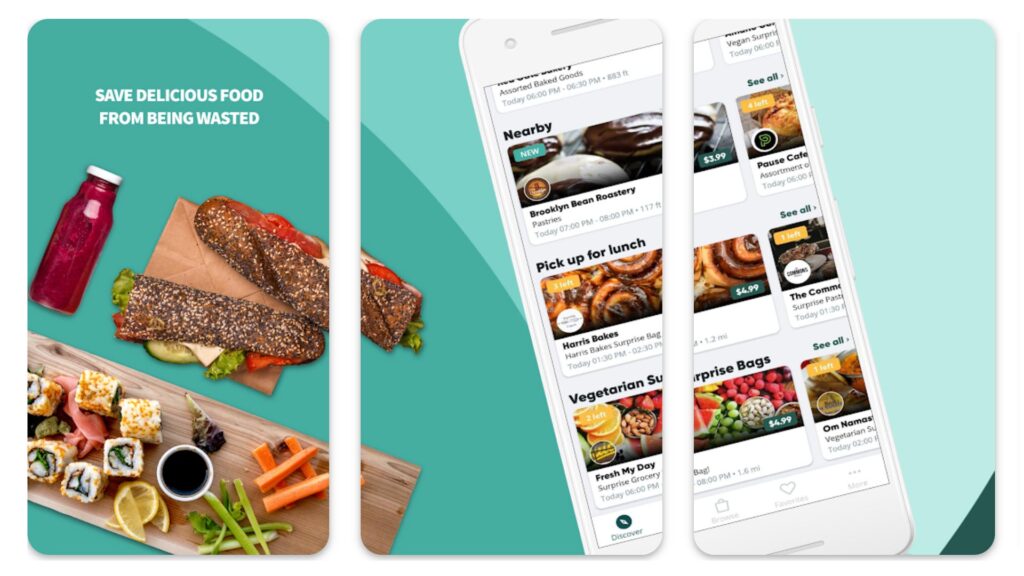 three phone screenshots of the Too Good To Go App