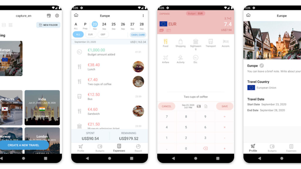 four phone screenshots of the Trabee Pocket app
