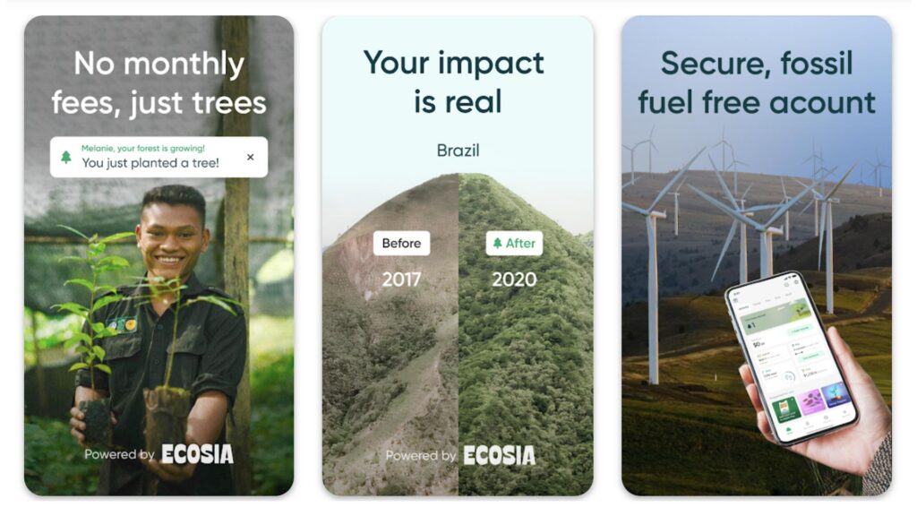 three phone screenshots of the Treecard app