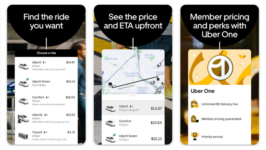 three phone screenshots of the Uber app