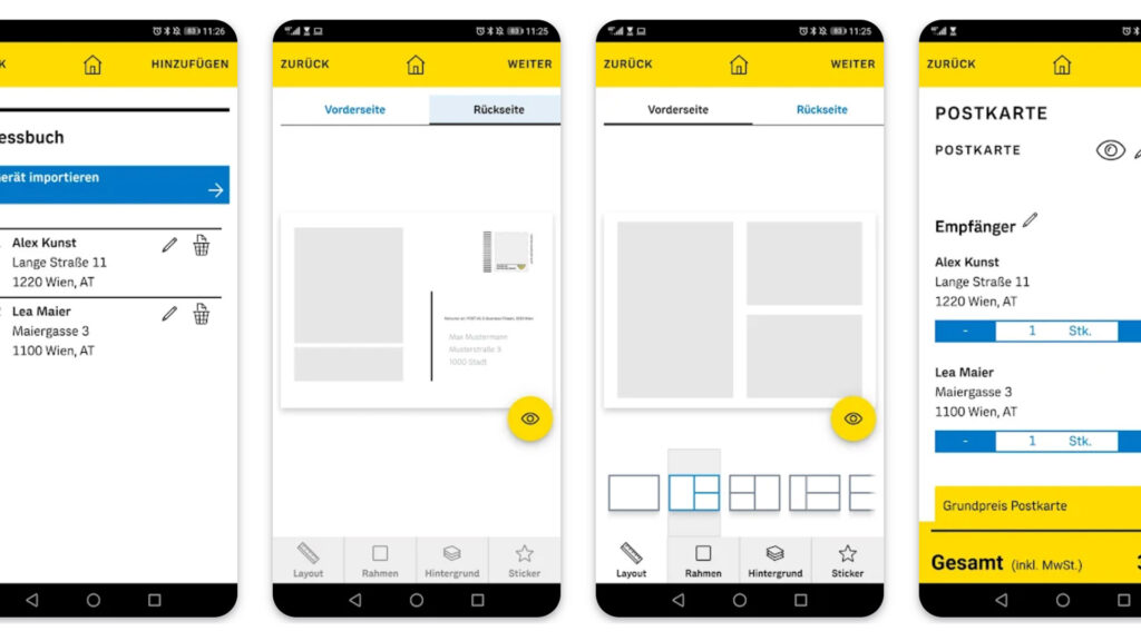 four phone screenshots of the Austrian postcard studio app