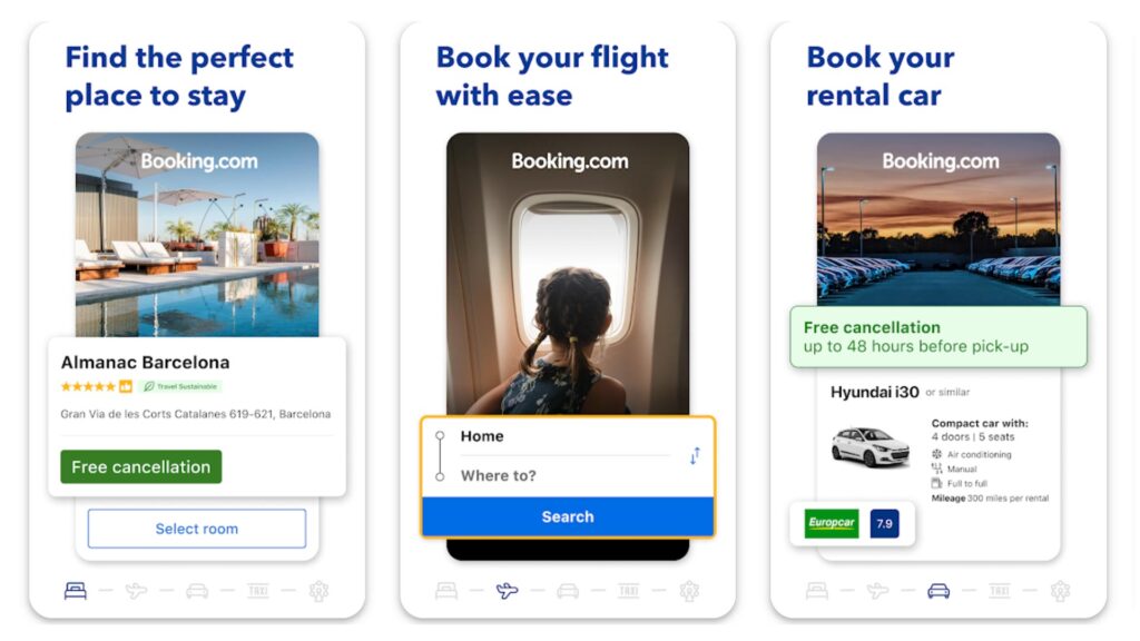 phone screenshots of the booking app