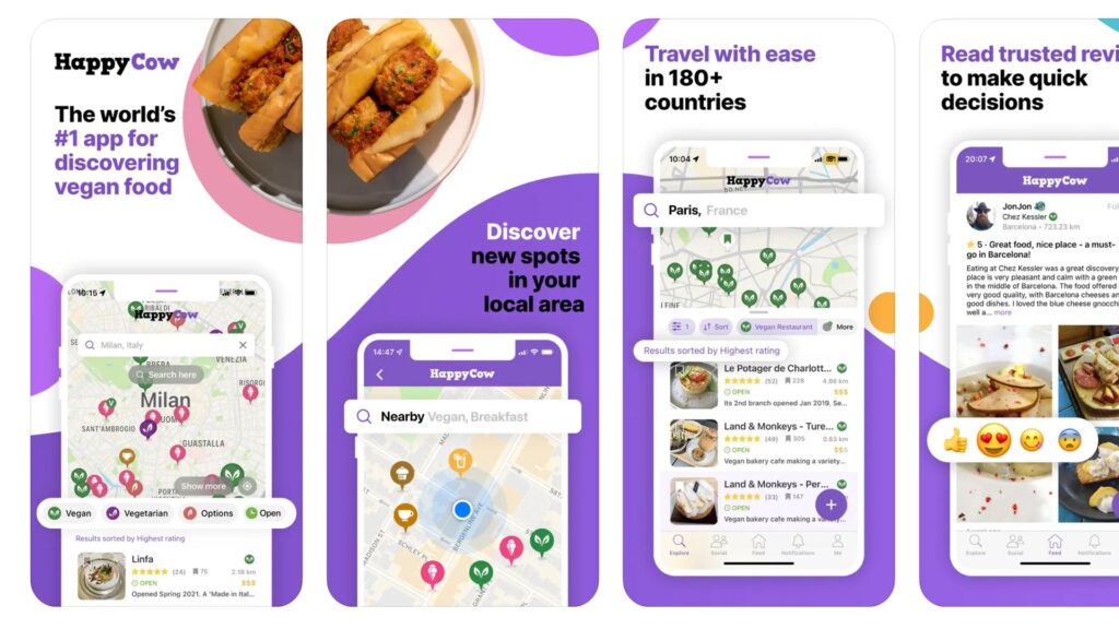 four phone screenshots of the Happy Cow app