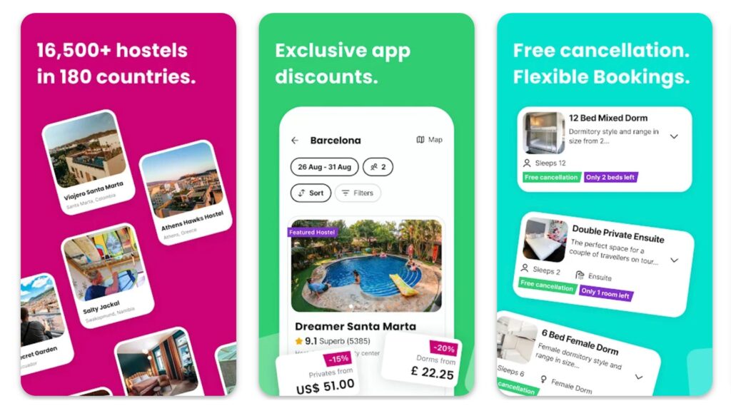 three phone screenshots of the Hostelworld App