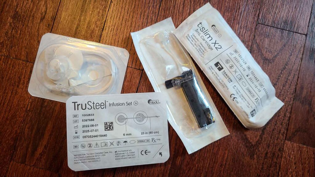 Trusteel infusion set and Tandem t:slim X2 insulin pump cartridges in package