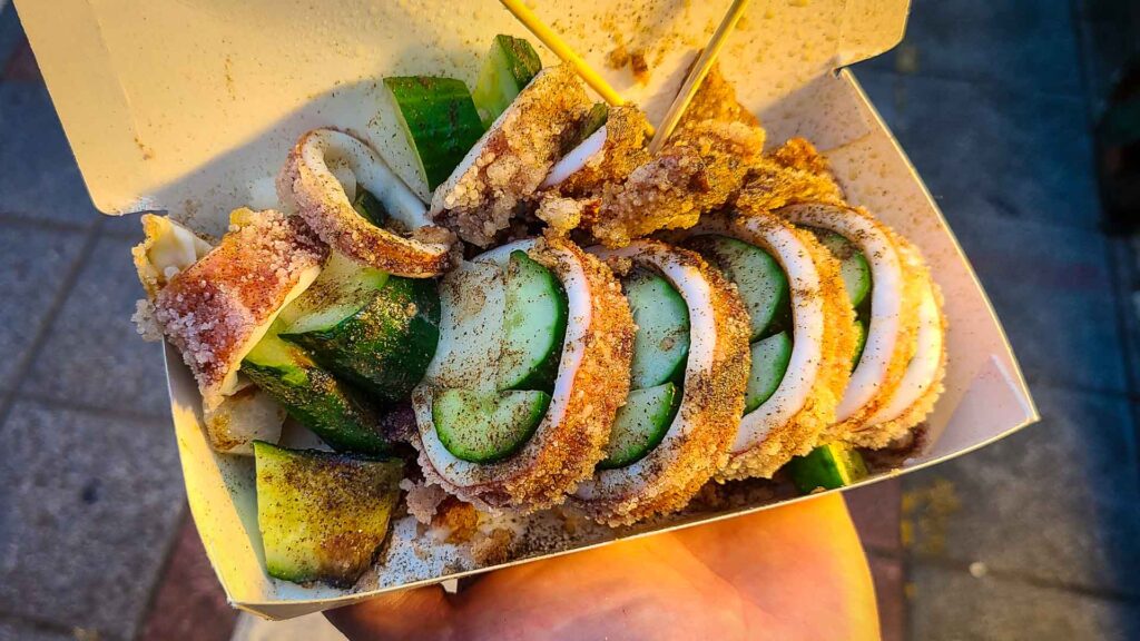 Stuffed and fried whole squid from Ningxia Night Market in Taipei